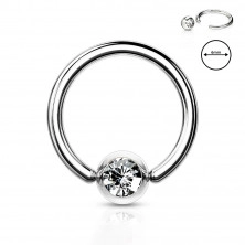 Piercing pentru sprâncene, din oțel 316L – inel cu un cristal transparent într-o lunetă rotundă, 1,2 mm, diametru 6 mm