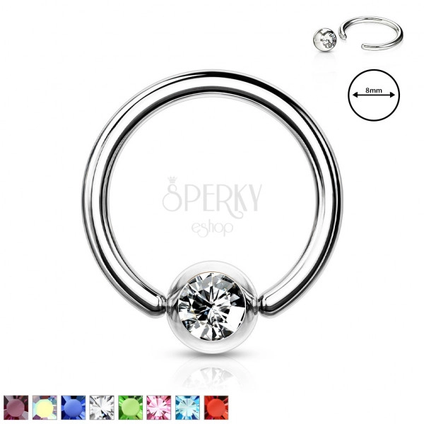 Piercing pentru sprâncene, din oțel 316L – inel cu un cristal într-o lunetă rotundă, 1 mm, diametru 8 mm