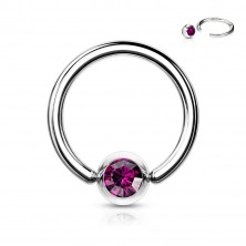 Piercing pentru sprâncene, din oțel 316L – inel cu un cristal într-o lunetă rotundă, 1,2 mm, diametru 8 mm