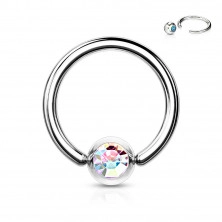 Piercing pentru sprâncene, din oțel 316L – inel cu cristal într-o lunetă rotundă, 1,6 mm, diametru 12 mm