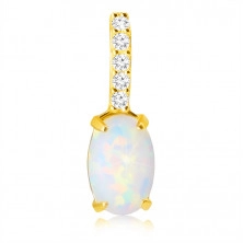 Pandantiv din aur de 14K - opal sintetic oval cu reflexe curcubeu, mici zirconii strălucitoare
