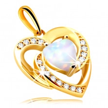 Pandantiv din aur de 14K - inimă din opal sintetic alb cu reflecții de curcubeu, zirconii rotunde