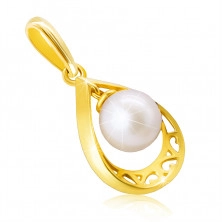 Pandantiv din aur galben 14K - contur de lacrimă cu decupaje ornamentale, perlă albă