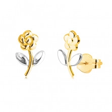 Cercei din aur combinat de 14K – floare cu tulpină curbată, suprafață strălucitoare 