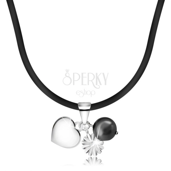 Colier - curea de cauciuc cu pandantive din argint 925, inimă, perlă, floare
