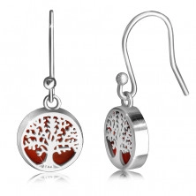 Cercei din argint 925 - inel neted, copac al vieții pe fond roșu