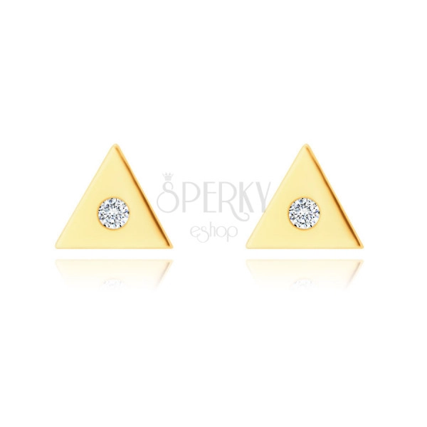Cercei din aur de 14K - triunghi mic cu un zircon clar în centru, închidere de tip fluturaș