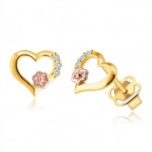 Cercei din aur de 14K - contur de inimă, zirconii rotunzi limpezi, floare decorativă din aur roz