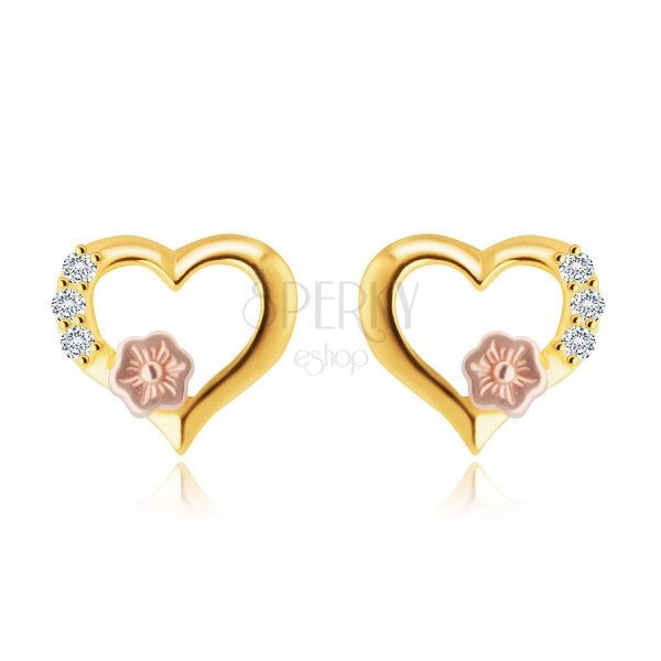Cercei din aur de 14K - contur de inimă, zirconii rotunzi limpezi, floare decorativă din aur roz