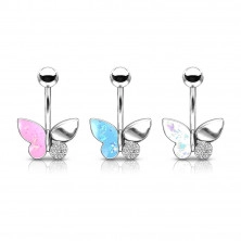 Piercing pentru buric din oțel 316L, placat cu rodiu - fluture împodobit cu aripi, cristale, reflexe opale