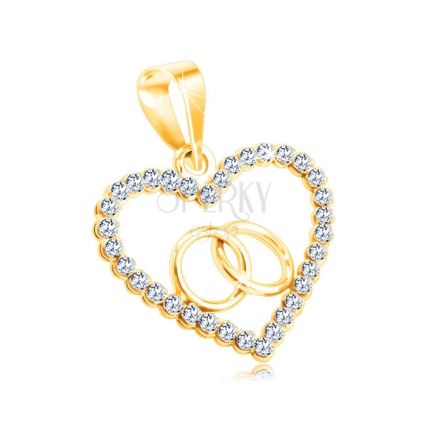 Pandantiv din aur galben de 14K – conturul inimii, zirconii rotunde transparente, inele care se întrepătrund