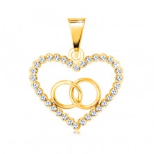 Pandantiv din aur galben de 14K – conturul inimii, zirconii rotunde transparente, inele care se întrepătrund