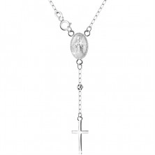 Colier din argint 925 - medalion cu Fecioara Maria și o cruce, lanț cu bile