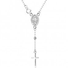Colier din argint 925 - medalion cu Fecioara Maria și o cruce, lanț cu bile