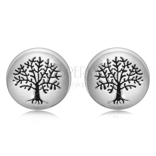 Cercei din argint 925 – cerc neted, arborele vieții, negru, știfturi