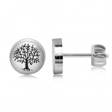 Cercei din argint 925 – cerc neted, arborele vieții, negru, știfturi