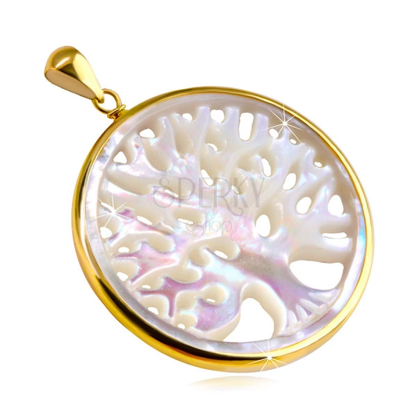 Pandantiv de aur de 9K – cerc mare neted, pomul vieții, sidef, reflexe curcubeu