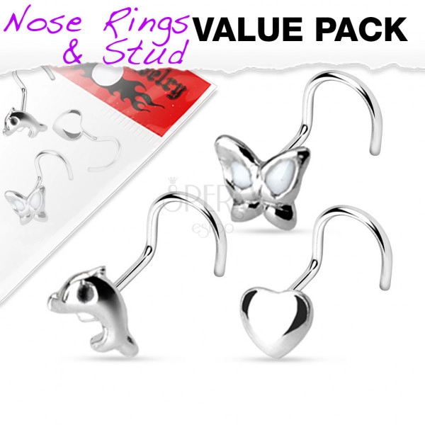 Set de 3 piercing-uri pentru nas, din argint 925 – delfin, inimă, fluture