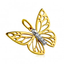 Pandantiv din aur combinat de 14K - aripi de fluture cu decupaje, linie scurtă de zircon