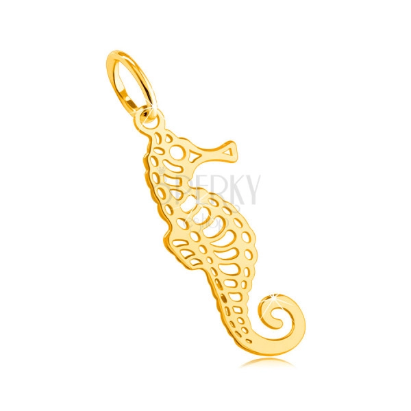 Pandantiv din aur galben 585 - cal de mare cu decupaje fine, coadă ondulată