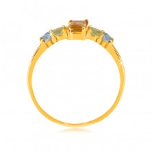 Inel din aur galben de 14K - citrin unghiular, olivin rotund și topaz elvețian