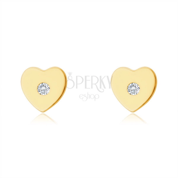 Cercei din aur galben de 14K - inimă cu un diamant strălucitor