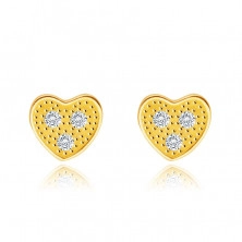Cercei din aur galben de 14K - inimă cu trei diamante clare