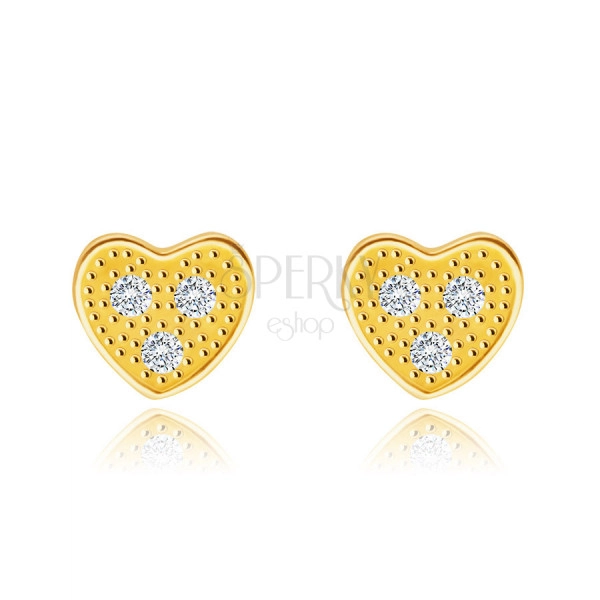 Cercei din aur galben de 14K - inimă cu trei diamante clare