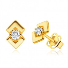 Cercei din aur galben 585 - diamante rotunde, două triunghiuri strălucitoare