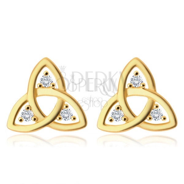 Cercei din aur 14K - simbol Triquetra, diamante clare, închidere de tip fluturaș