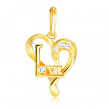 Pandantiv din aur galben 375 - linii mici de inimă, diamante strălucitoare clare, scris „Love”