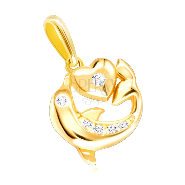 Pandantiv din aur galben 375 - delfin în salt, inimă mică, diamante strălucitoare clare