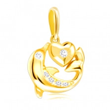 Pandantiv din aur galben 375 - delfin în salt, inimă mică, diamante strălucitoare clare