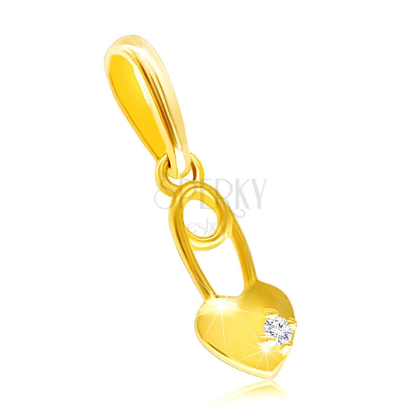 Pandantiv din aur galben 9K - inimă cu diamant strălucitor, ac de siguranță