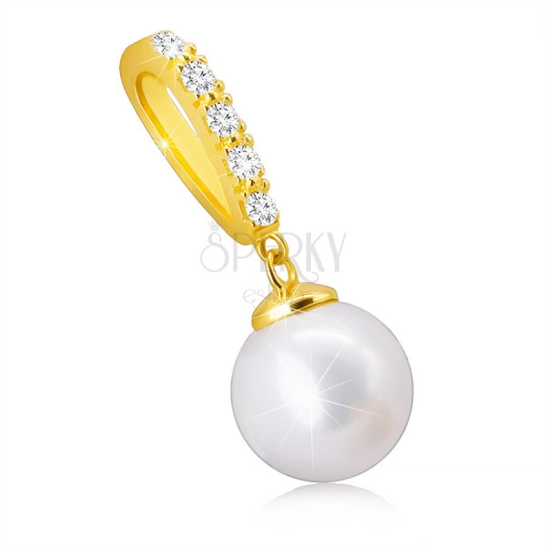 Pandantiv din aur galben de 14K - perlă albă de apă dulce pe o clemă, diamante strălucitoare clare