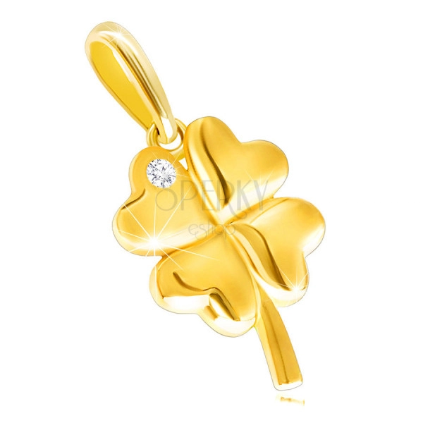 Pandantiv din aur galben de 14K - trifoi cu patru frunze cu un diamant strălucitor