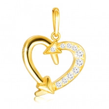 Pandantiv din aur galben 14K - contur de inimă decorat cu săgeți, diamante strălucitoare clare