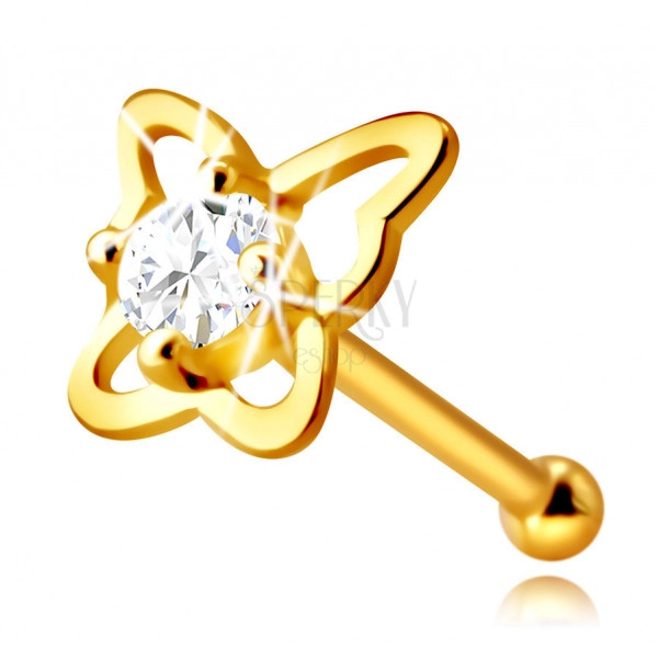 Piercing pentru nas din aur galben 14K - contur de fluture cu un diamant, de 2,25 mm