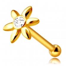 Piercing din aur galben 585 pentru nas, drept - floare cu un diamant strălucitor clar