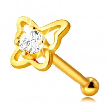 Piercing pentru nas cu diamante din aur galben de 14K - contur de fluture cu un diamant, 1,75 mm