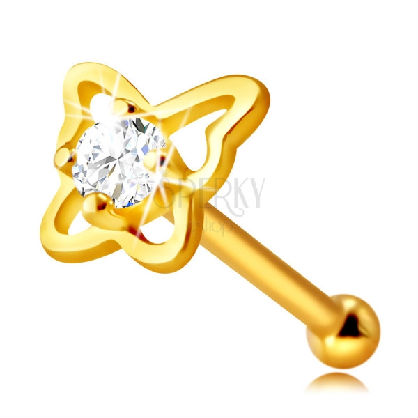 Piercing pentru nas cu diamante din aur galben de 14K - contur de fluture cu un diamant, 1,75 mm
