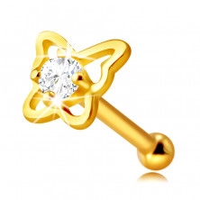 Piercing pentru nas cu diamante din aur galben de 14K - contur de fluture cu un strălucitor, de 1,5 mm