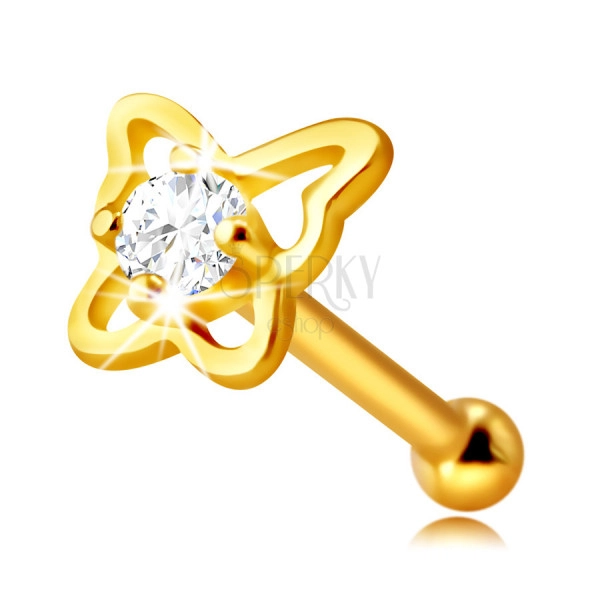 Piercing pentru nas cu diamante din aur galben de 14K - contur de fluture cu un strălucitor, de 1,5 mm