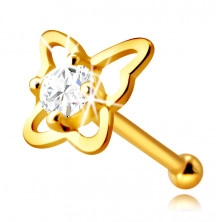 Piercing din aur galben de 14K pentru nas - contur de fluture cu un diamant, de 2,0 mm