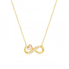 Colier din aur combinat de 14K - simbol infinit, contur al inimii, diamante strălucitoare