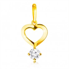 Pandantiv din aur galben 14K - motiv inimă cu linii răsucite, diamant strălucitor