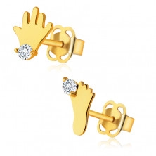 Cercei cu diamante din aur galben 14K - siluetă picior și mână, diamante strălucitoare