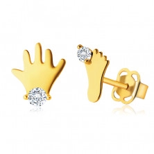 Cercei cu diamante din aur galben 14K - siluetă picior și mână, diamante strălucitoare