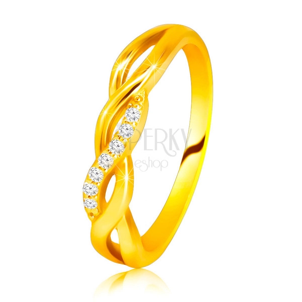 Inel strălucitor din aur galben de 14K - ondulații împletite, linie de diamante strălucitoare