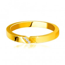 Bandă din aur galben de 14K - inel cu o crestătură fină, diamante strălucitoare clare